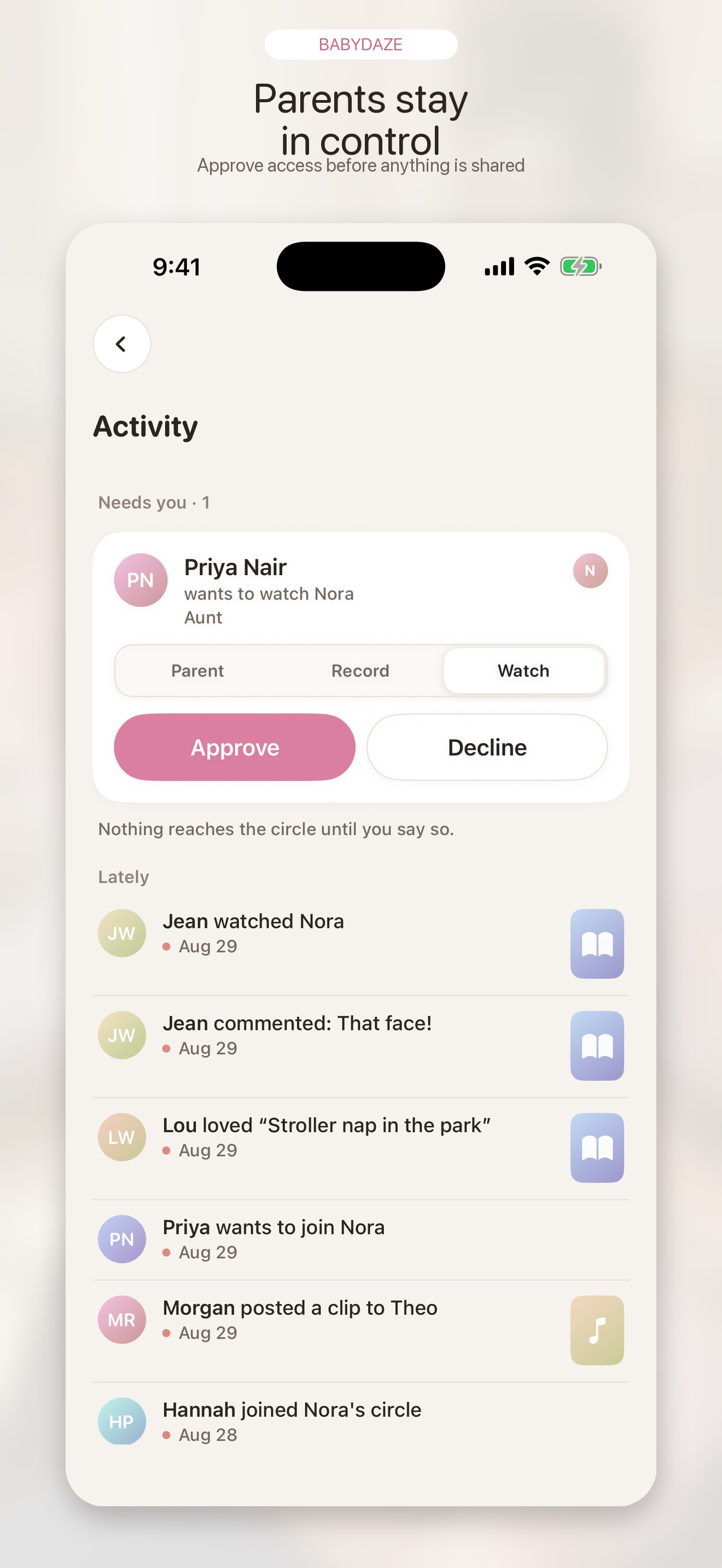 BabyDaze parent approval controls from the prepared 1.0 app