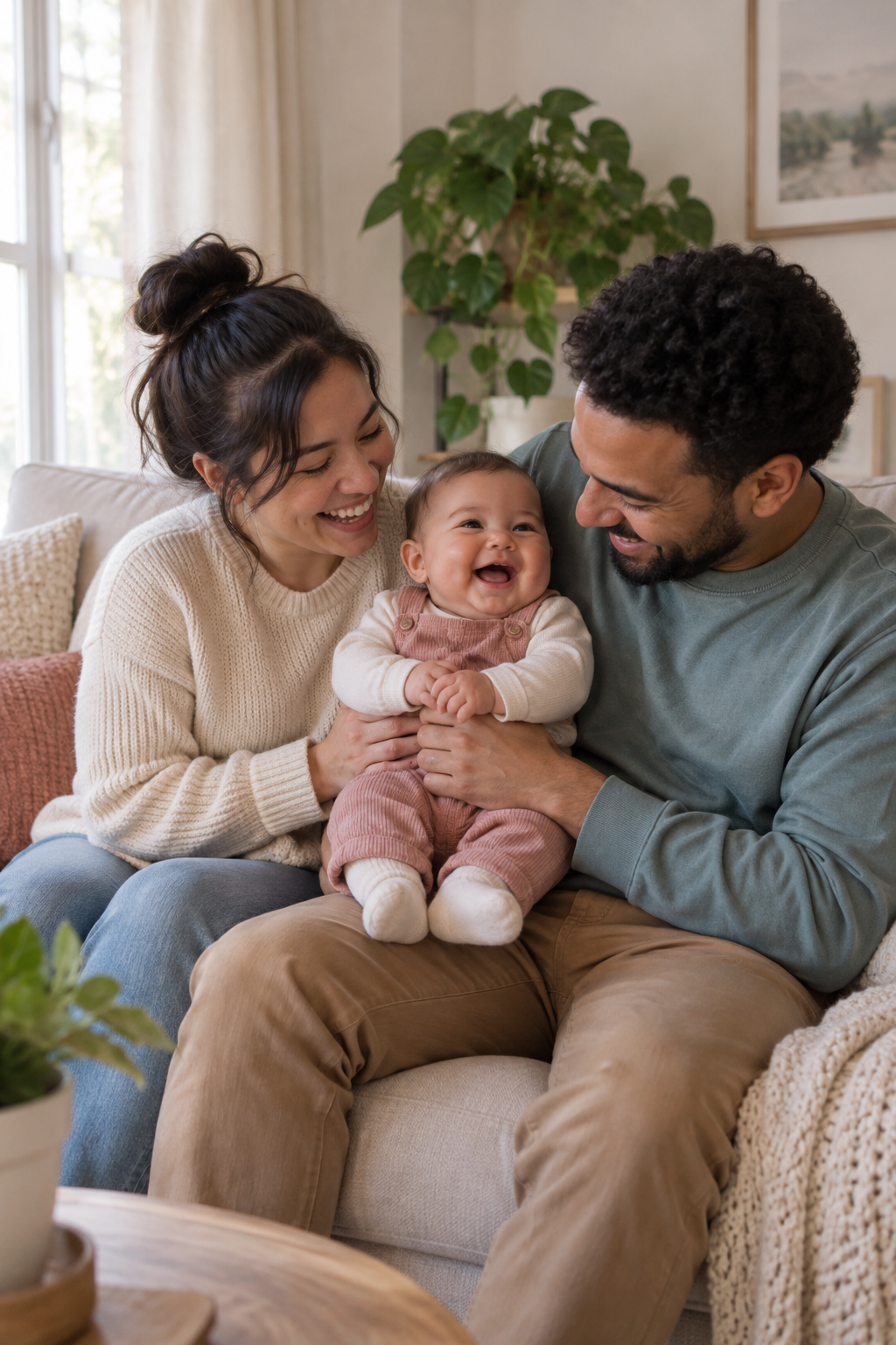 Illustrative fictional parents sharing a quiet moment with their baby