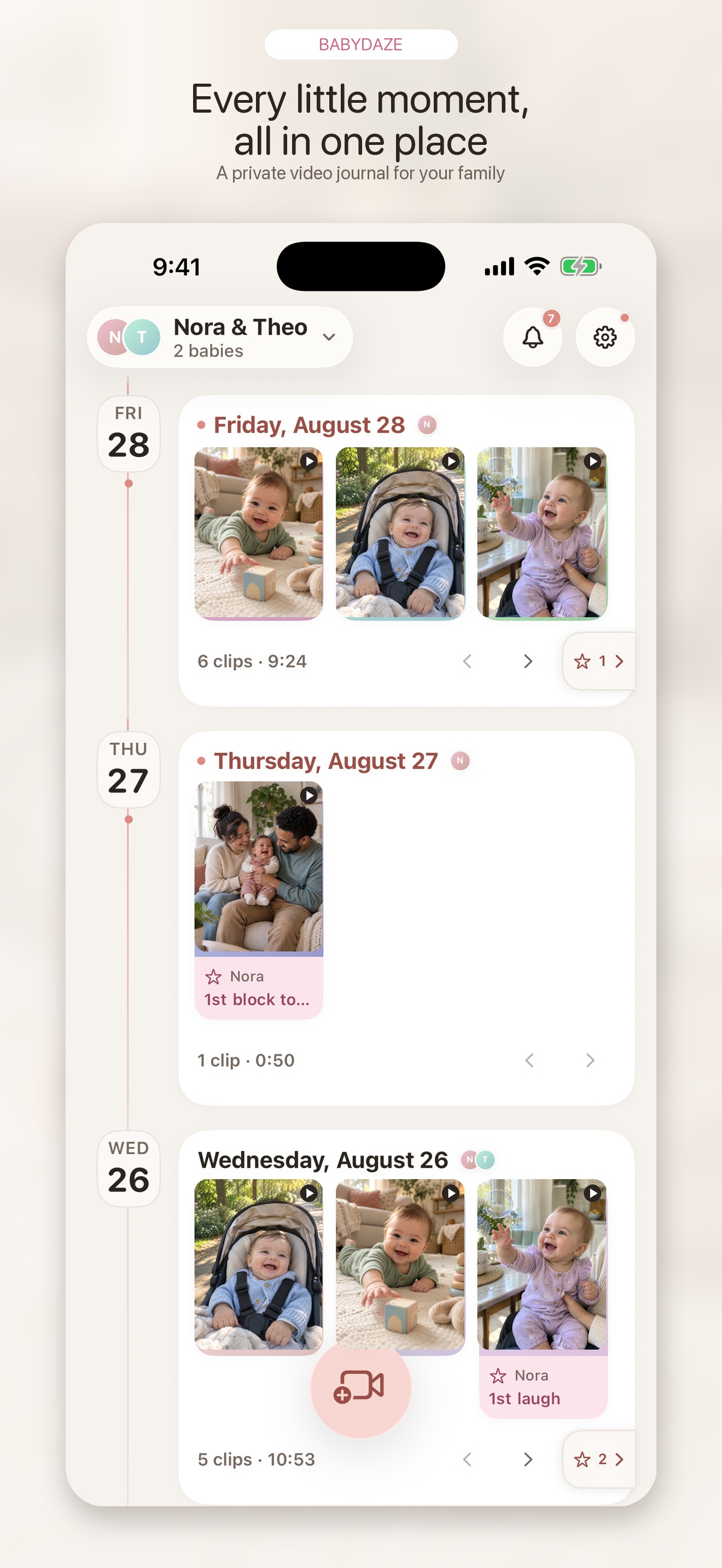 Demo journal with fictional family video thumbnails